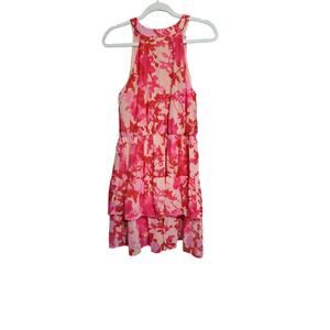 She + Sky Pink Floral Tiered Midi Dress Sleeveless Tie Back Size S